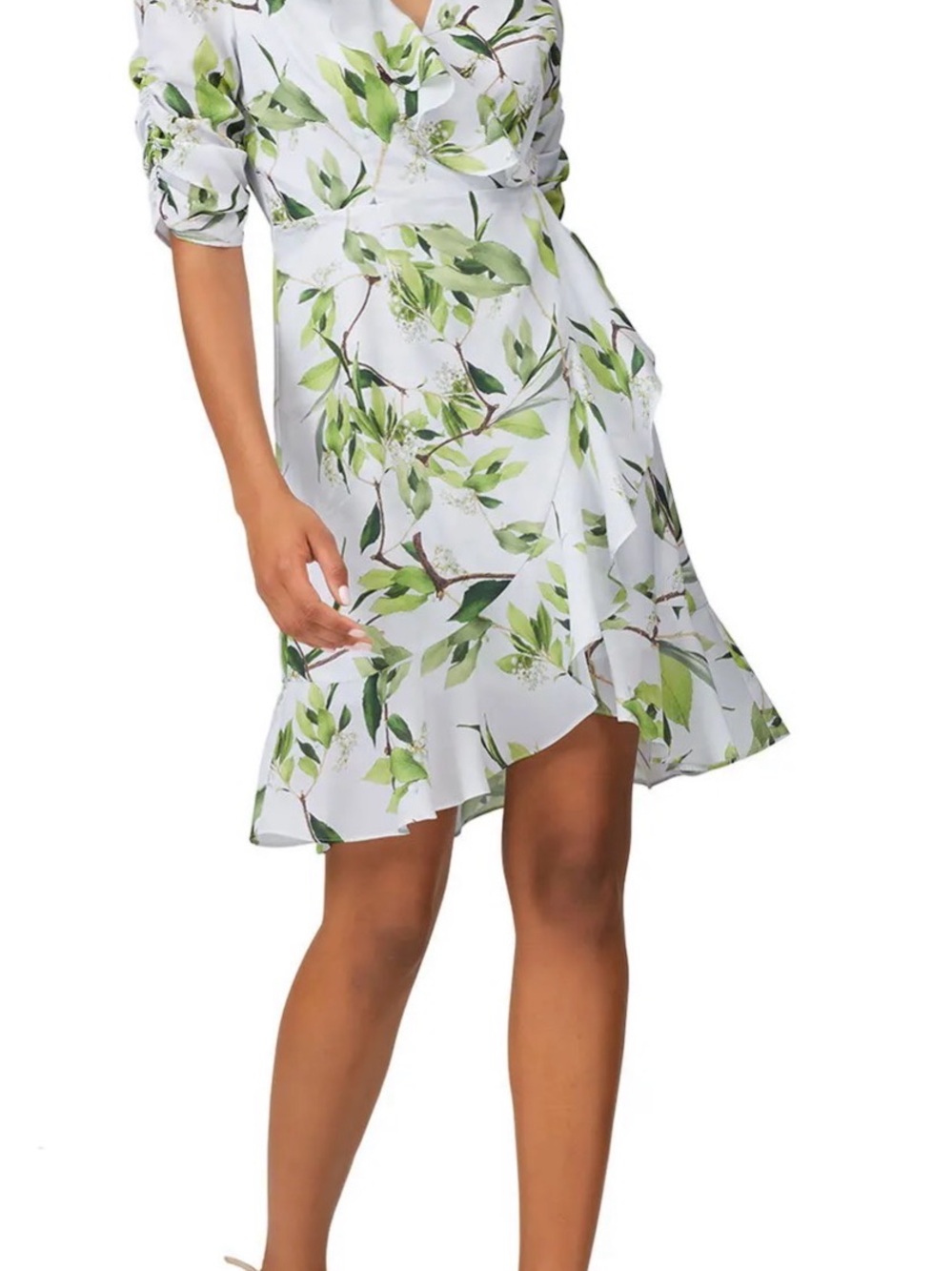 Adrianna Papell White Floral Wrap Dress with Green Leaves